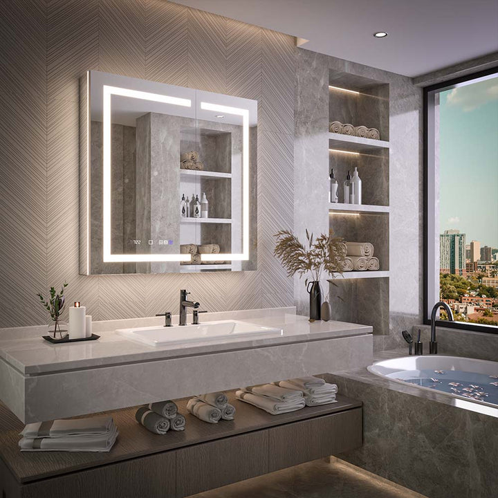 Illuminated LED medicine cabinet recessed in bathroom wall.