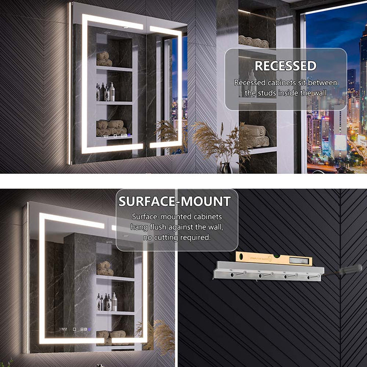 Recessed and surface‑mount installation options for medicine cabinet.
