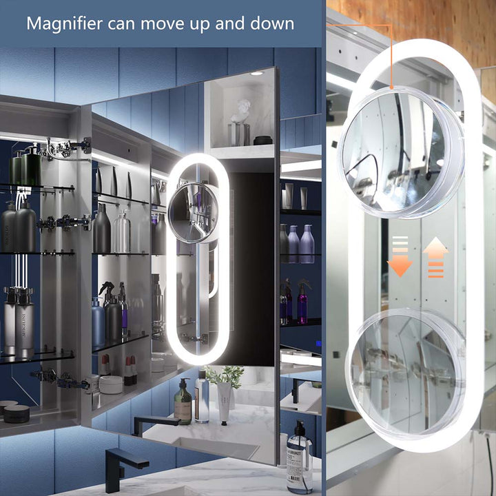Medicine cabinet with movable magnifying mirror