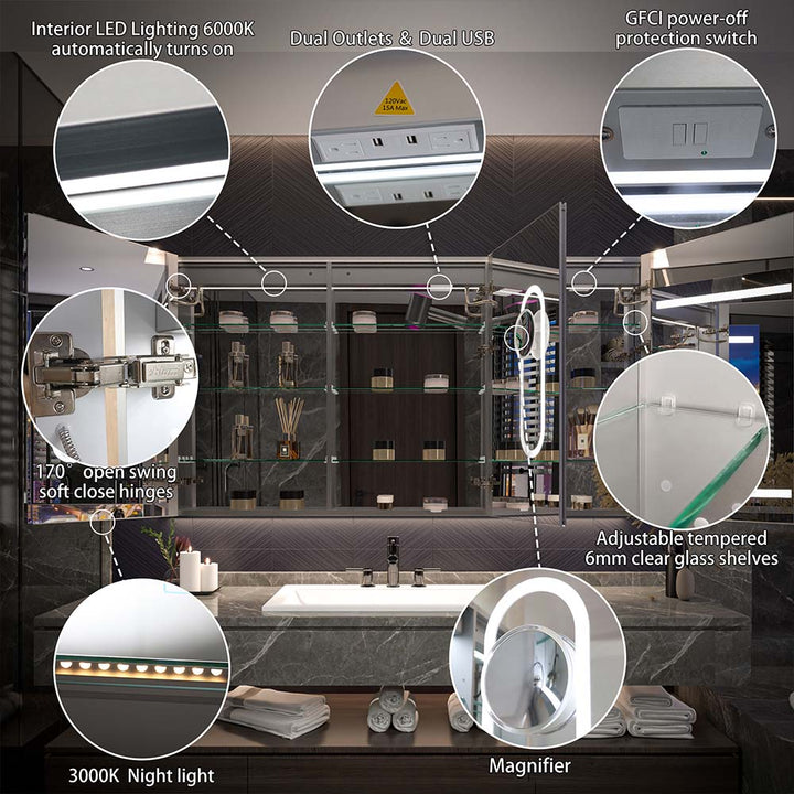 Medicine cabinet with LED, USB, GFCI, magnifier, shelves