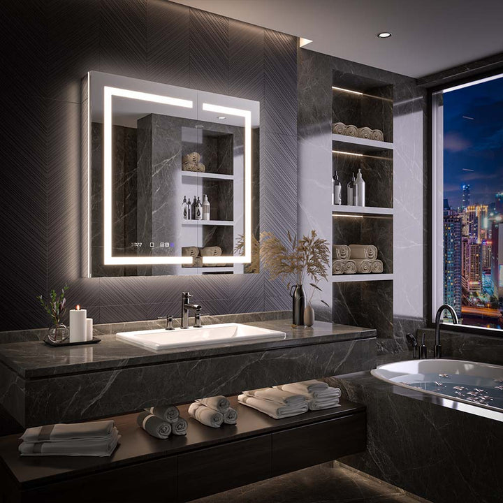 LED medicine cabinet in bathroom with city skyline view at night