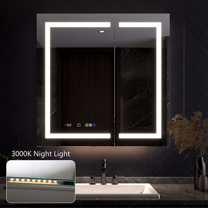 LED medicine cabinet with built‑in 3000K night light.