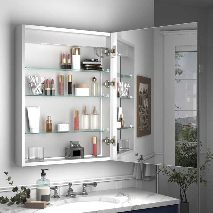 Open medicine cabinet with glass shelves for storage