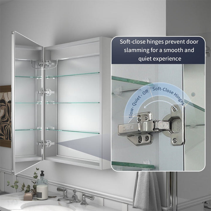 Medicine cabinet with soft-close hinges and glass shelves shown