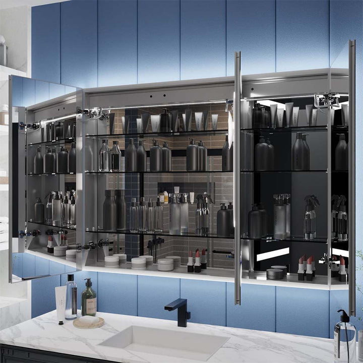 Spacious LED medicine cabinet with glass shelves