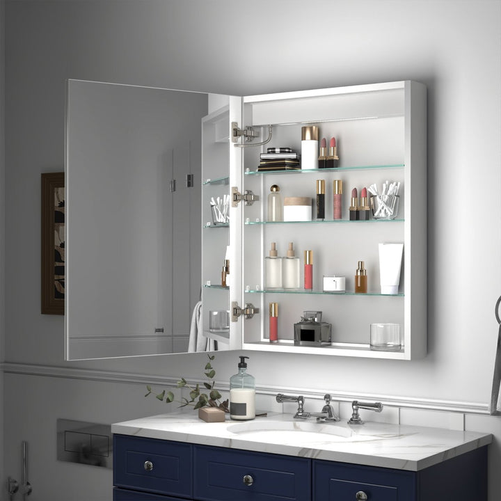 Open medicine cabinet showing organized bathroom storage shelves