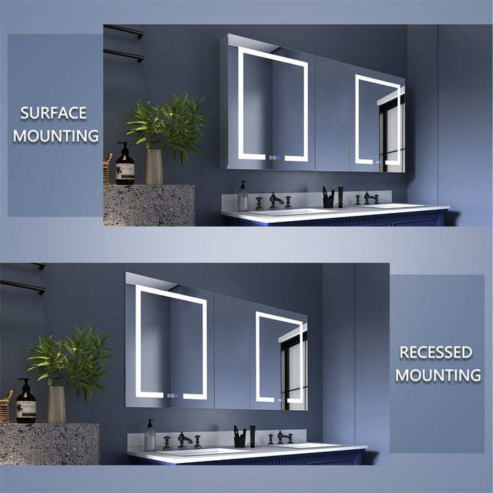 LED medicine cabinet shown in surface and recessed mounting options.