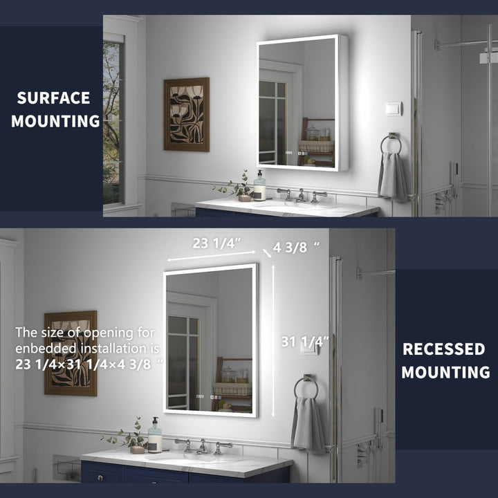 Medicine cabinet with surface and recessed mounting dimensions shown