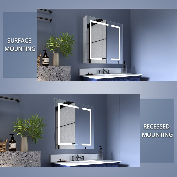 LED medicine cabinet with surface and recessed mounting options