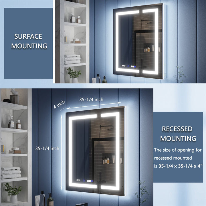 Comparison of surface and recessed mounting options for a medicine cabinet with LED light.