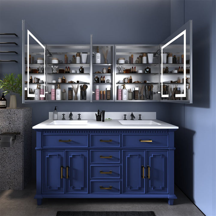 Illuminated triple‑door medicine cabinet with organized interior storage.