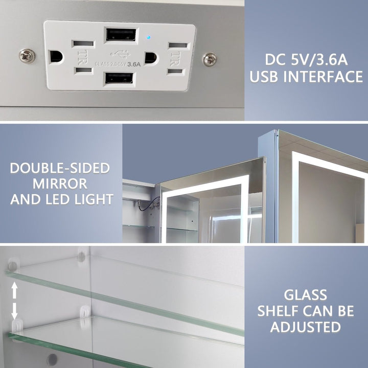 Medicine cabinet with USB interface, double-sided mirror, and adjustable glass shelves.