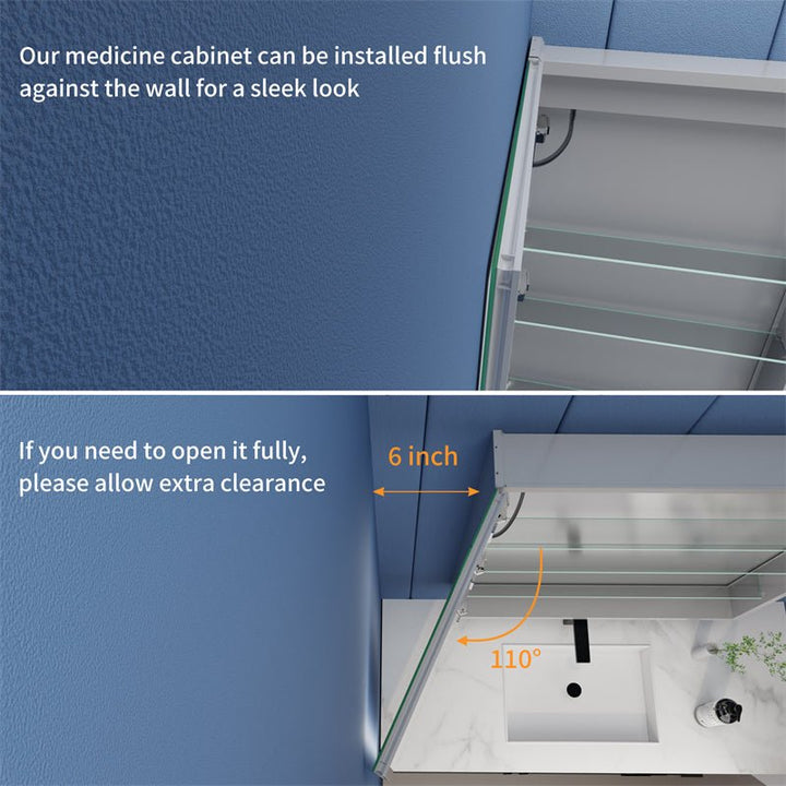 Medicine cabinet installation with 6-inch clearance for full door swing