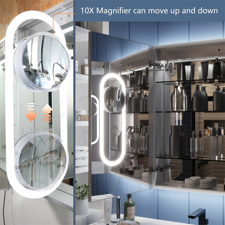 Medicine cabinet with 10X magnifier that moves up and down for adjustable viewing.