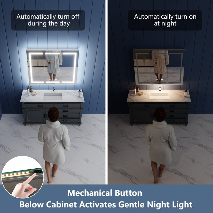 Medicine cabinet featuring a mechanical button for gentle night light activation.