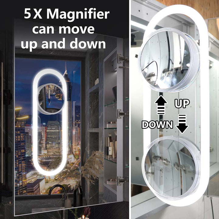 Medicine cabinet with backlight mirror and 5X magnifier movable