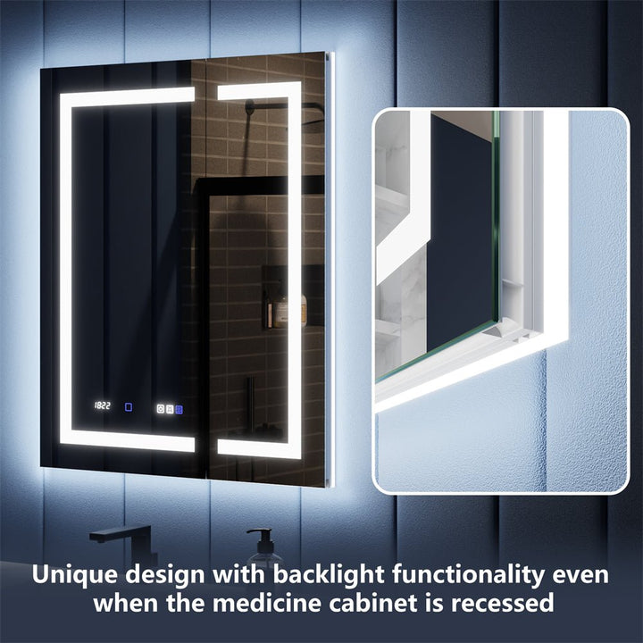 Medicine cabinet with backlight functionality, designed to work even when recessed, offering a sleek and functional lighting solution.