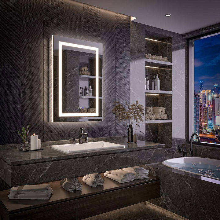 Medicine cabinet with backlight LED mirror in modern bathroom night