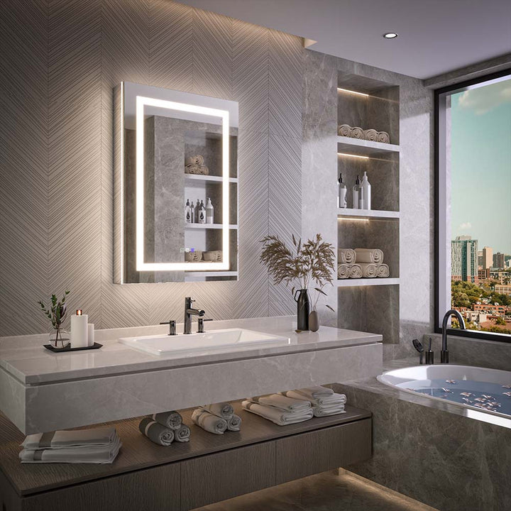 Medicine cabinet with backlight LED mirror in modern bathroom scene