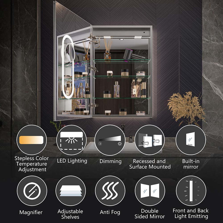 Medicine cabinet with backlight LED dimming anti fog adjustable shelves