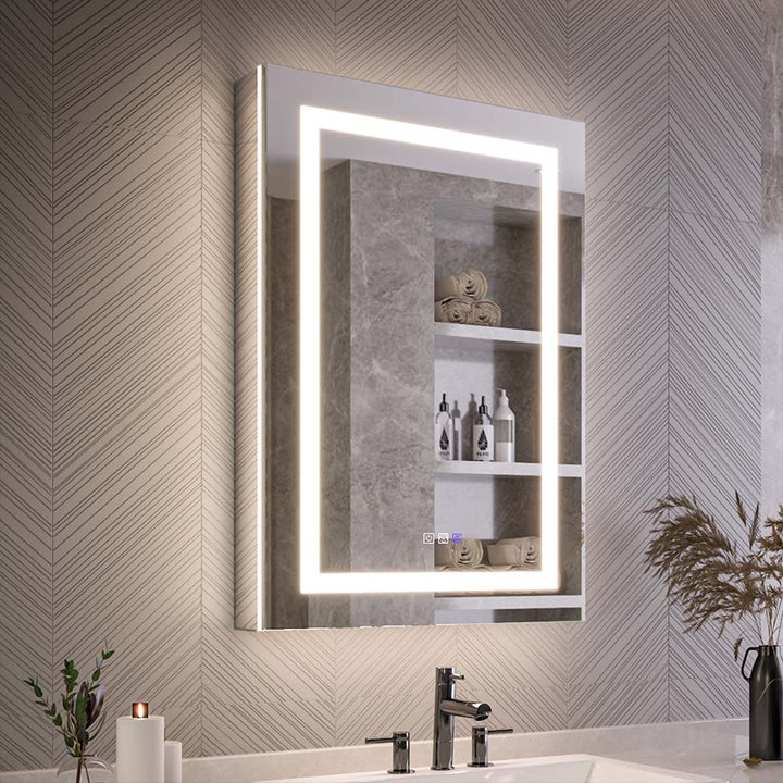 Medicine cabinet with backlight LED mirror closeup in bathroom