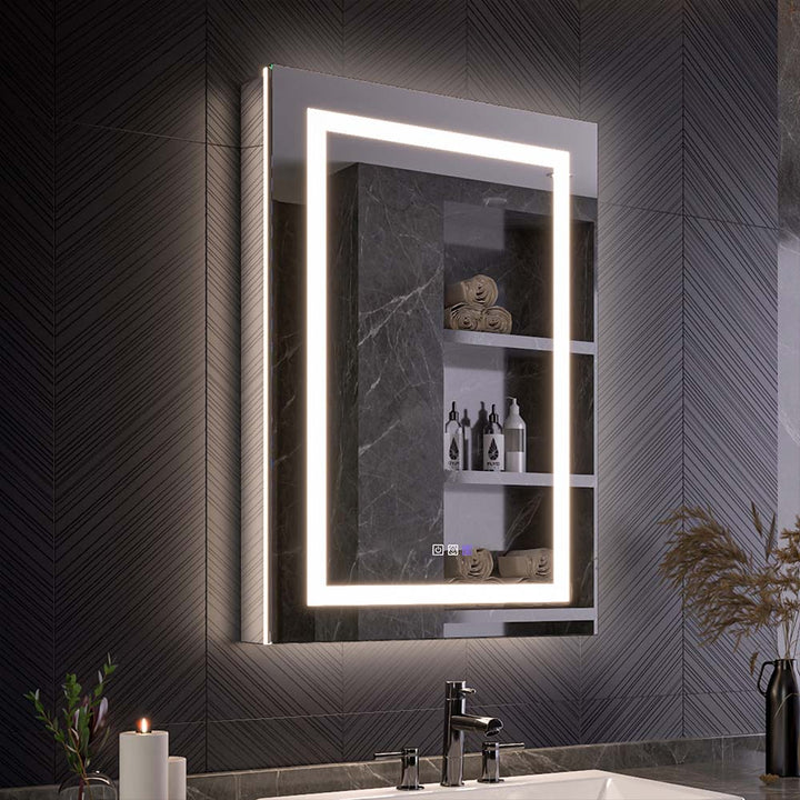 Medicine cabinet with backlight LED mirror side view in bathroom
