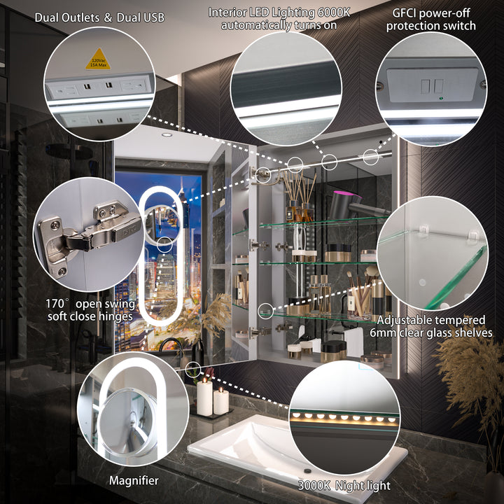 Medicine cabinet with backlight, LED lighting, USB and glass shelves