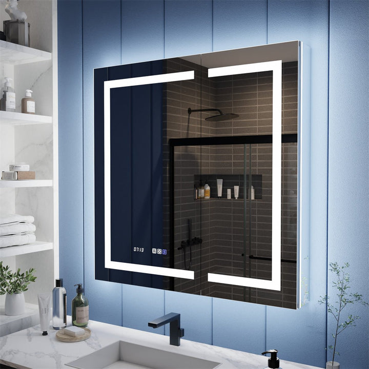 Modern medicine cabinet with backlit lighting, sleek design, and functional display.