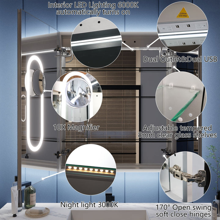 Medicine cabinet with dual outlets, 10X magnifier, 3000K night light, soft-close hinges.