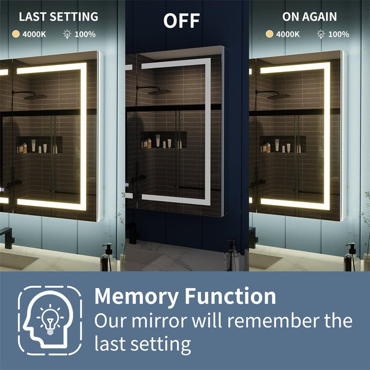 Medicine cabinet with memory function, automatically restoring the last light setting (color temperature and brightness).