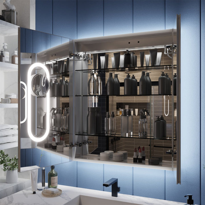 Medicine cabinet with open doors, illuminated by LED lighting.