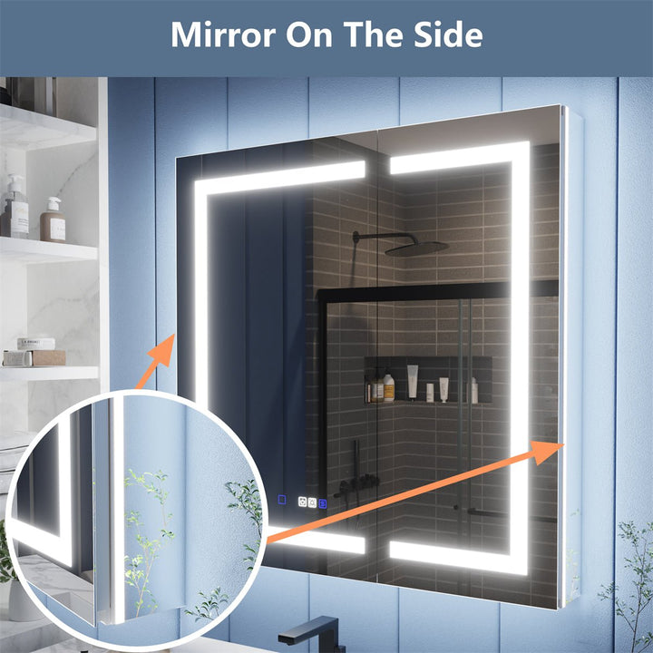 Medicine cabinet with side mirror and LED lighting for added reflection and modern design.
