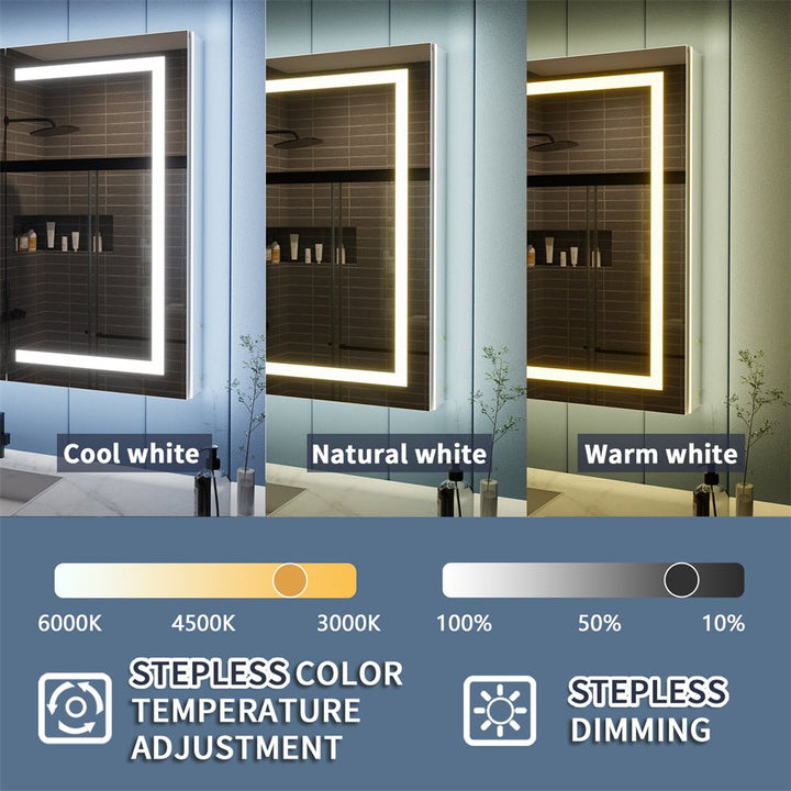 Medicine cabinet with adjustable color temperature and stepless dimming feature.