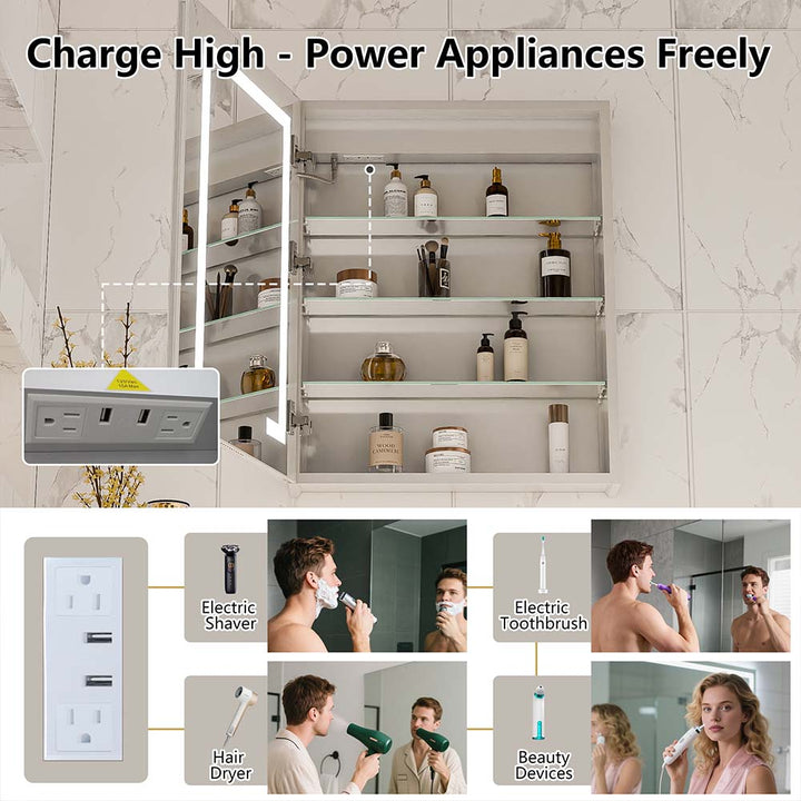 LED medicine cabinet with dual outlets and USB ports for bathroom use