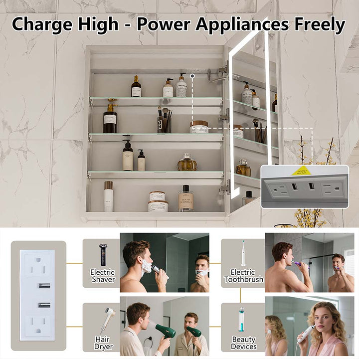 LED medicine cabinet with USB and power outlets for bathroom devices