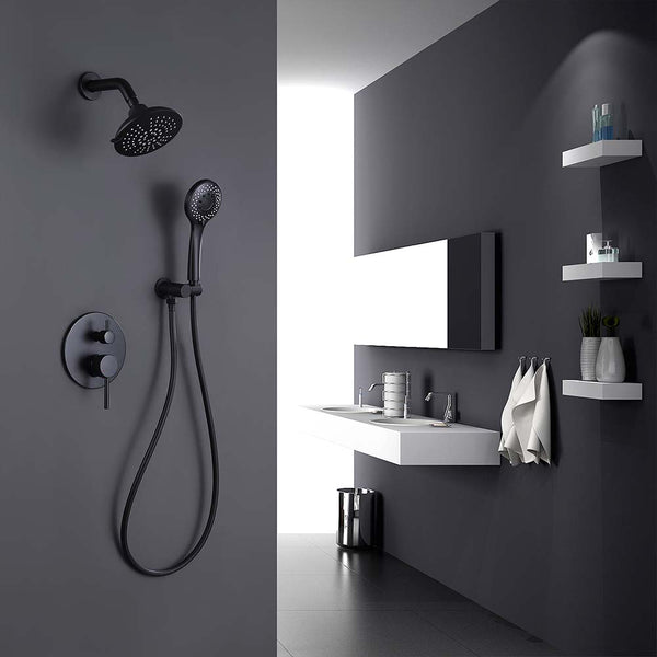 Modern black shower system in minimalist bathroom setting