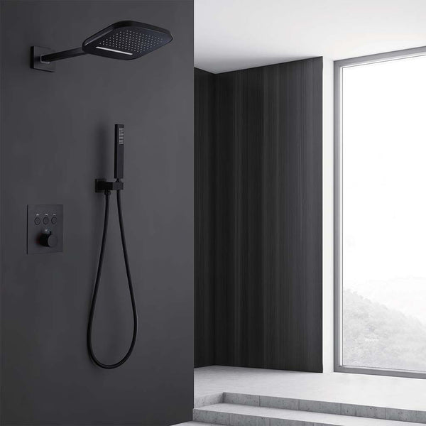 Modern bathroom with black wall mounted shower system installed