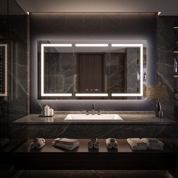 Front view of modern LED medicine cabinet above vanity