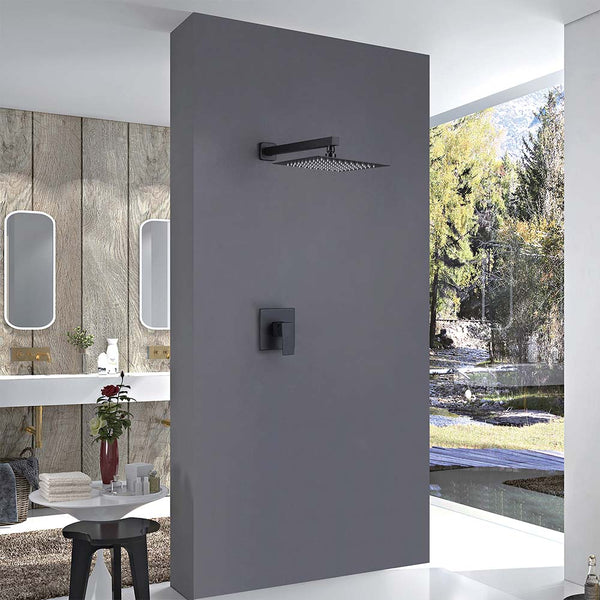 Wall-mounted matte black shower system in modern bathroom