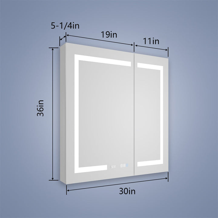 Dimensions of 30x36 inch LED medicine cabinet with front view showing 30 inches width, 36 inches height, and 5-1/4 inches depth.