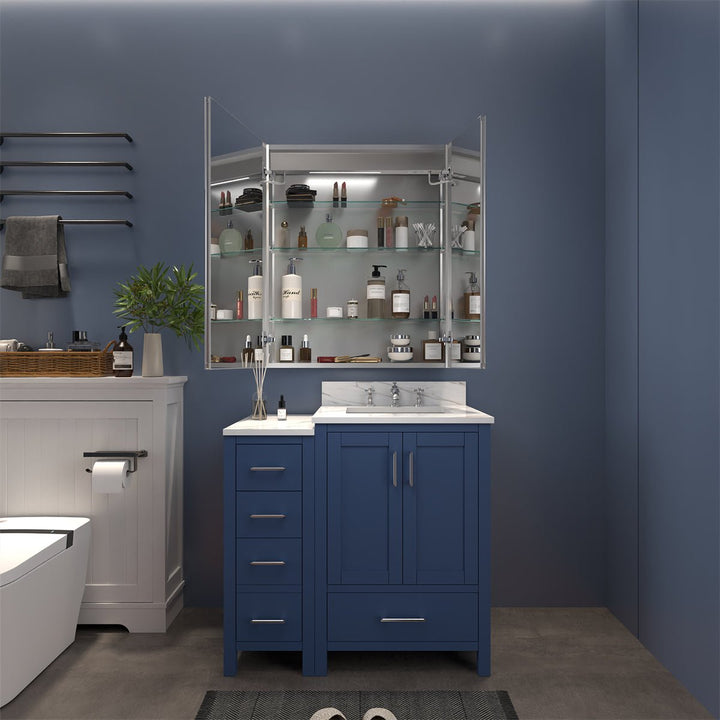 30x36 inch LED medicine cabinet shown open with adjustable glass shelves, demonstrating spacious internal storage in a real bathroom setting.