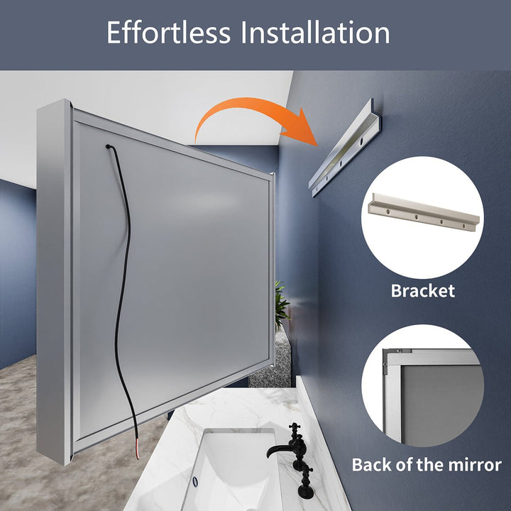 Back view of 30x36 LED medicine cabinet showing wall-mounted installation with included bracket for easy setup.