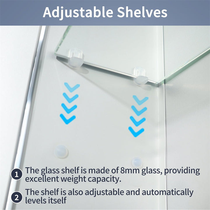 Adjustable 8mm tempered glass shelves inside modern bathroom medicine cabinet, offering strong weight capacity and self-leveling feature.