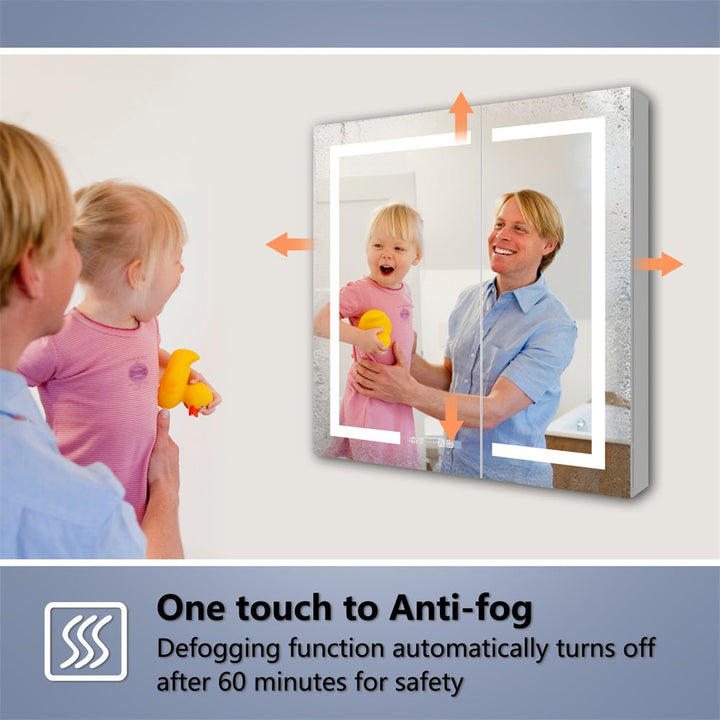 LED medicine cabinet with one-touch anti-fog feature, automatically shuts off after 60 minutes to ensure safe and clear mirror use after showers.