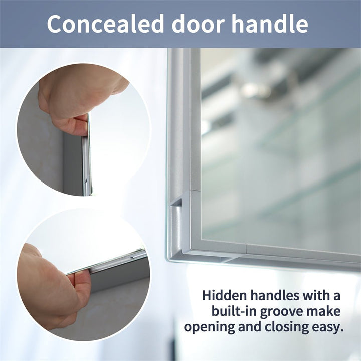 Concealed door handle with integrated groove design makes opening and closing the bathroom medicine cabinet easy and seamless.