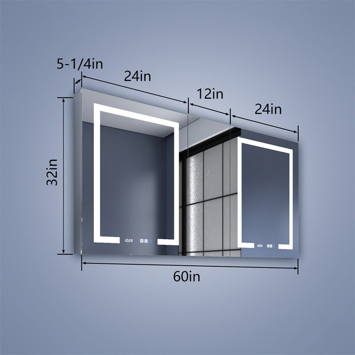 Detailed dimension diagram of 60 inch wide by 32 inch high modern LED medicine cabinet with three mirrored doors.