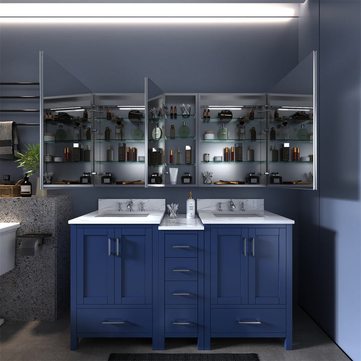 Modern wall-mounted medicine cabinet with LED lighting and double sink vanity in blue finish, featuring soft-close mirror doors and glass shelves for bathroom storage.