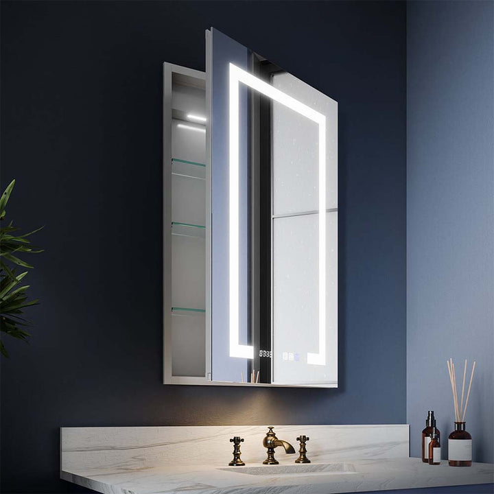 Modern bathroom medicine cabinet LED light wall mount vanity open door