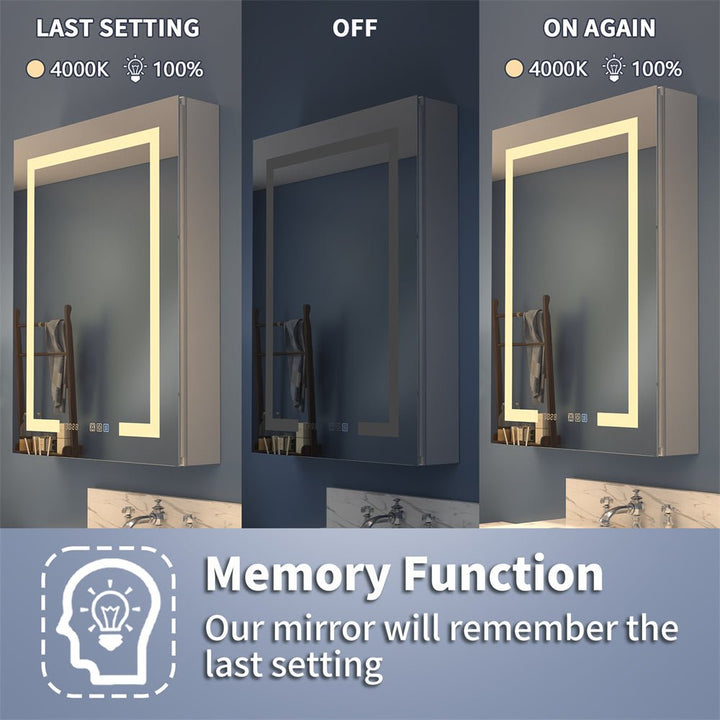 LED medicine cabinet with memory function showing last light setting at 4000K and 100% brightness.