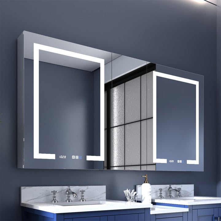 Front view of modern LED medicine cabinet with double sink vanity, showing integrated lighting and touch controls.